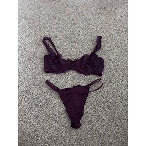 Victoria's Secret Plum Purple Floral Lace Unlined Bra 36B and bottoms Small Set